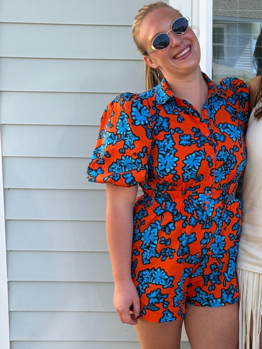 HUNTER BELL Orange and Blue Floral Puff-Sleeve Button Front Top
